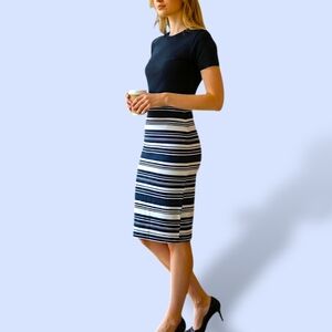 🚢Navy Blue & White Elastic Waist Textured Midi Skirt by Brat Star